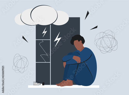 Black teen boy or man near the window. Depression, anxiety, illness. mental health concept. vector illustration.