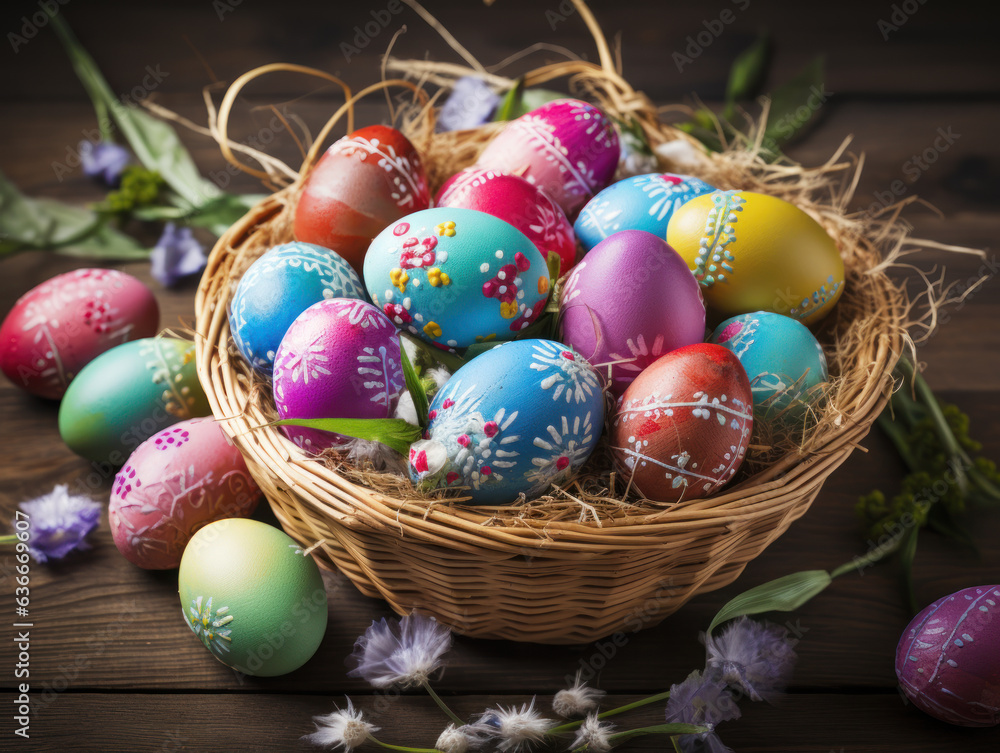 Easter eggs in a wooden basket in various colors on the wood table Easter eggs in a wooden basket in various colors on the wood table