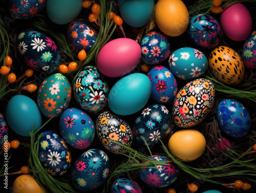 Decoration of many colorful Easter eggs as background in top view
