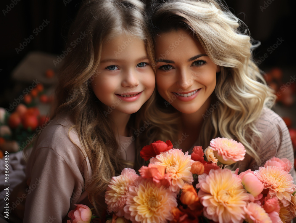 Photo of a smiling mother with her little daughter carrying a bouquet of flowers on mother's day Photo of a smiling mother with her little daughter carrying a bouquet of flowers on mother's day