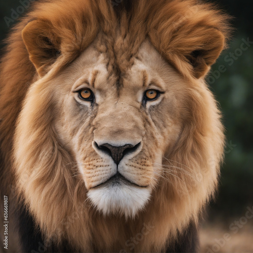 frontal picture of a majestic lion in the savannah
