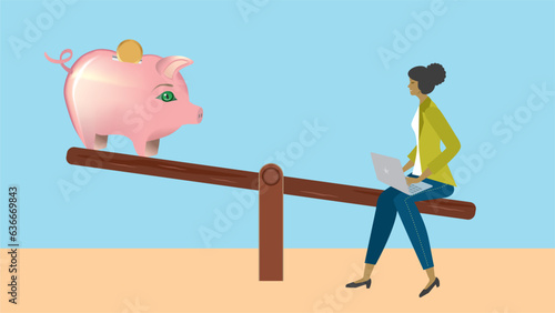 Woman on teeter board with piggy bank. Balance in economy, woman sitting with laptop and making a plan. Dimension 16:9. Vector illustration.