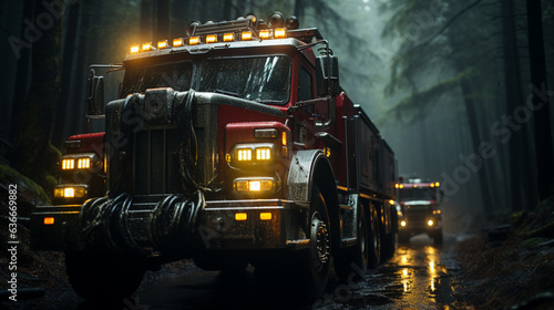 A fire truck driving through a forest.