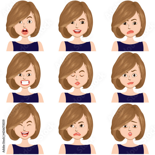 Beautiful woman with different facial expressions set isolated vector illustration