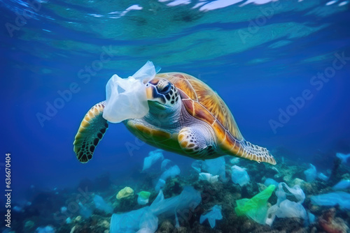 Turtle's Battle for Survival Amidst Plastic Chaos © Andrii 