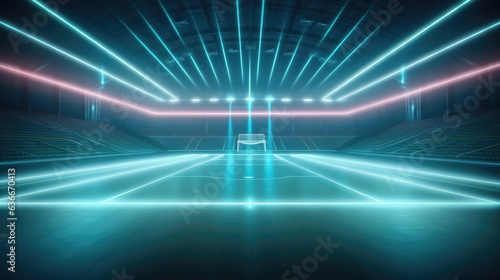Futuristic sports arena with sleek modern floor and neon lights