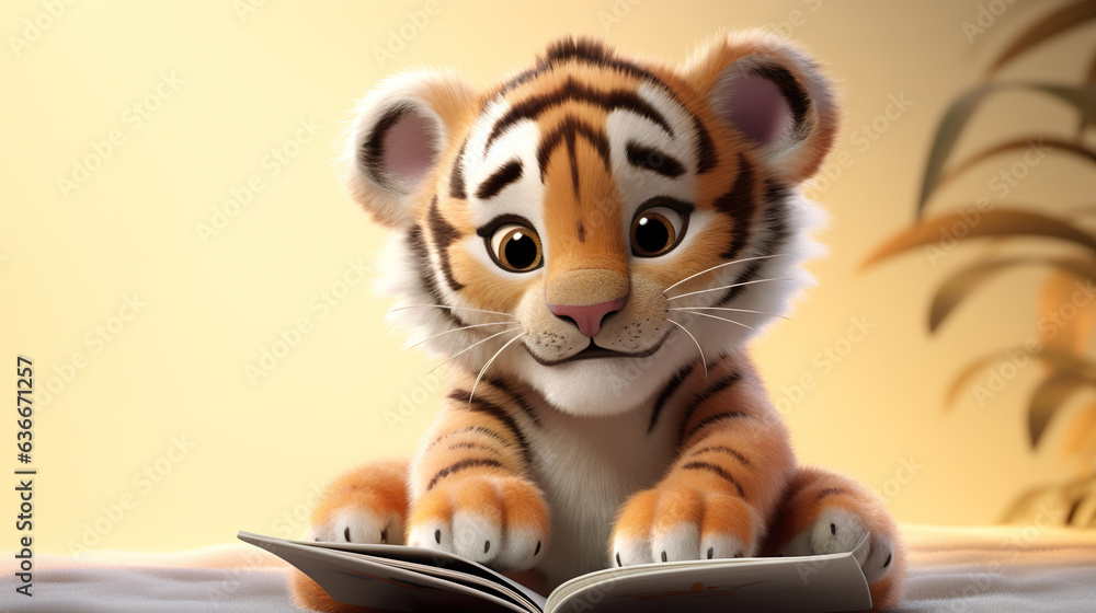 Fototapeta premium Cute small tiger reading a book. 