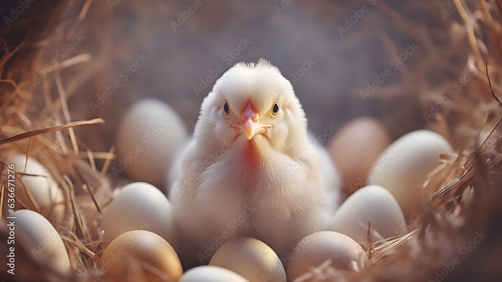 Young chicken in a nest with eggs. 