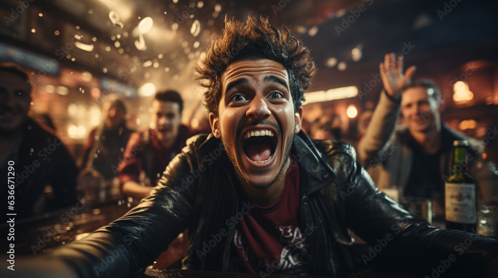 Excited friends, sports fans celebrating victory of favorite football team.