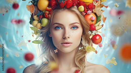 Beautiful woman with fresh fruits around her head. Close-up. Light blue background with water splashes.