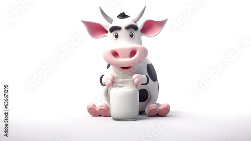 Funny cow with a jar of milk on a white background. 