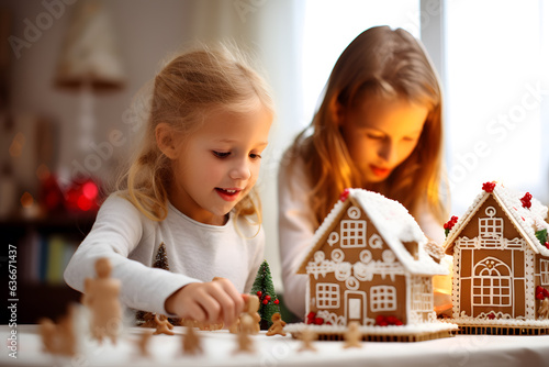 Kids building a gingerbread house with a Christmas village