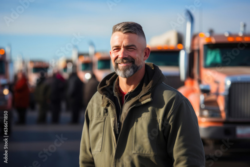 Portrait of a Truck Driver Surrounded by Aligned Big Rigs