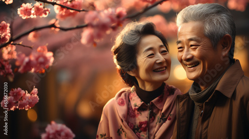  Senior asian couple walking a blossoming sakura park.