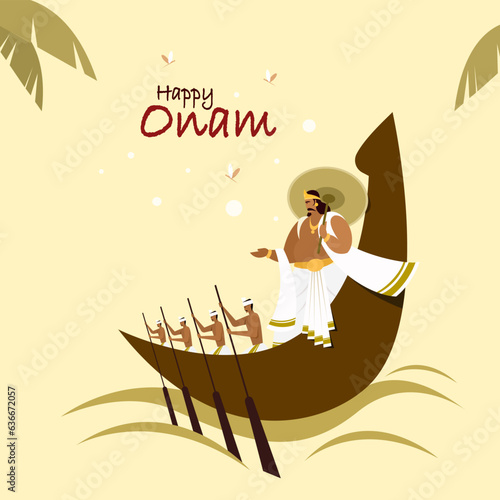 Illustration of King Mahabali and rowers in a boat. Concept forOnam festival in Kerala, India