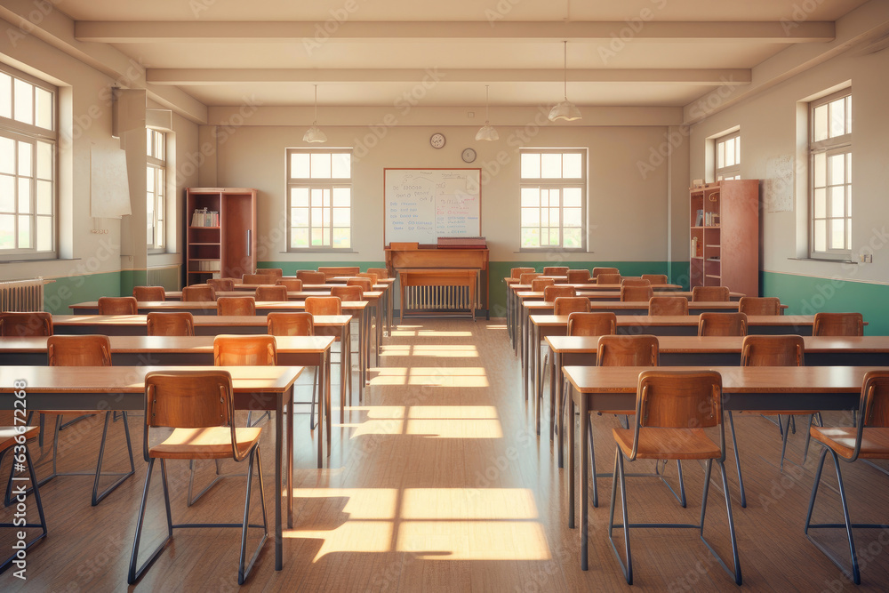 Nostalgic Classroom Setting: Empty Chairs and Desks Ready for Learning Nostalgic Classroom Setting: Empty Chairs and Desks Ready for Learning