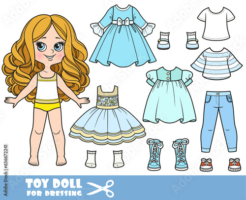 Cartoon girl  with big curls and clothes separately - summer dresses, sundress, shirts,sneakers, boots, jeans and sneakers doll for dressing