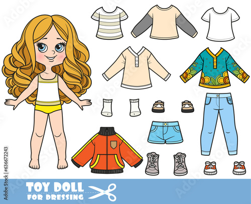 Cartoon girl  with big curls and clothes separately - long sleeve, shirts,tunic, shorts, sneakers, autumn jacket, boots, jeans and sneakers doll for dressing