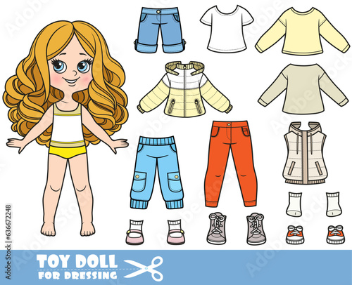 Cartoon girl  with big curls and clothes separately - long sleeve, shirts,padded jacket, boots, jeans and sneakers doll for dressing