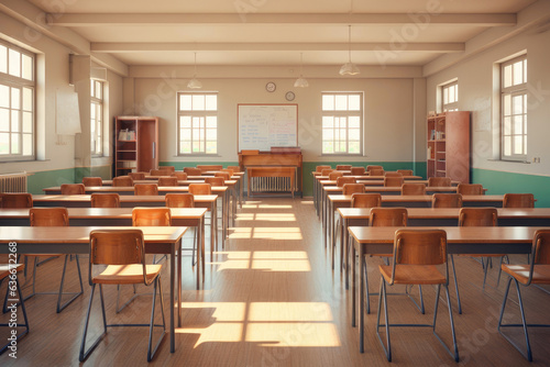 Nostalgic Classroom Setting: Empty Chairs and Desks Ready for Learning