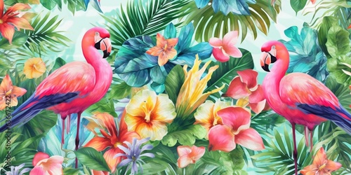 Watercolor tropical pattern with flamingo, hibiscus flowers and palm leaves.