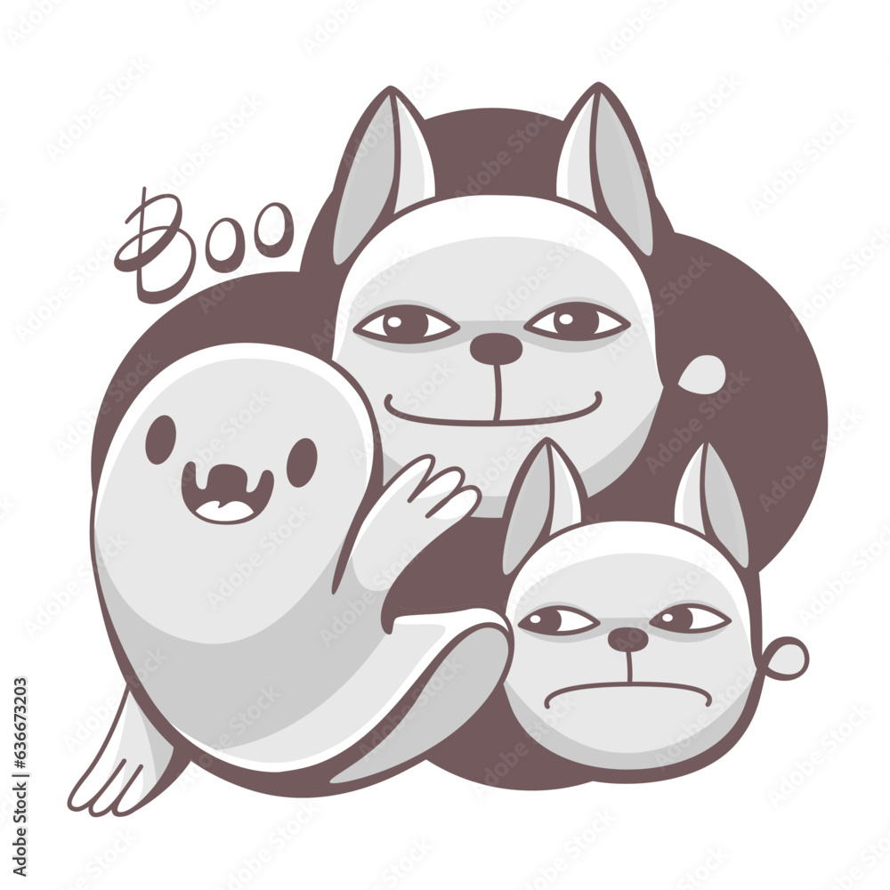 Vector illustration on a Halloween theme with cats and a ghost in a cartoon style.