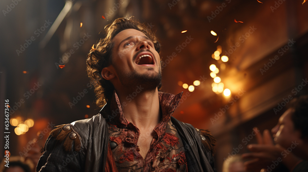 Opera tenor in a dramatic moment of the opera performance. Opera tenor in a dramatic moment of the opera performance.
