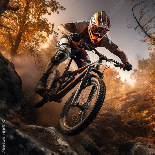 Mountain biker o a cliff racing through trees