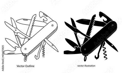 Pocket Knife icon, army knife, outline icon, Silhouette of Multitool Pocket Knife, vector illustration, Isolated on White Background photo