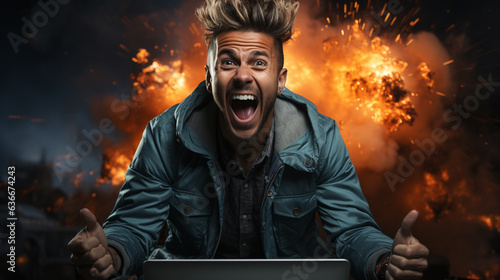 Screaming young man with laptop computer.