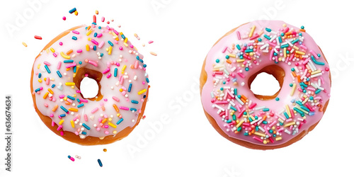 Decorated donut with cherry and sprinkles isolated on transparent background viewed from top photo