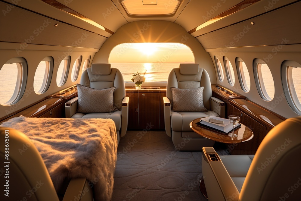 The interior of a luxury private jet with golden hour sun coming in through a window, Generative AI