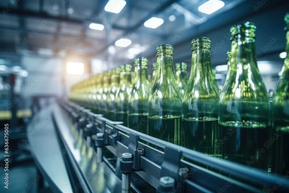 Empty glass bottles on conveyor belt bottling plant