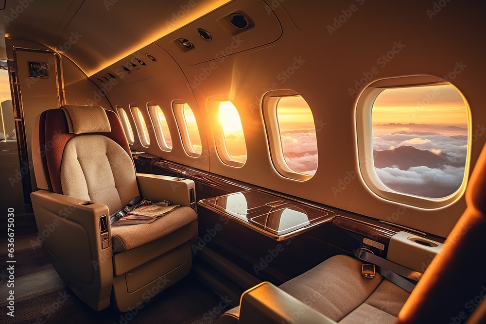 The interior of a luxury private jet with golden hour sun coming in through a window, Generative AI