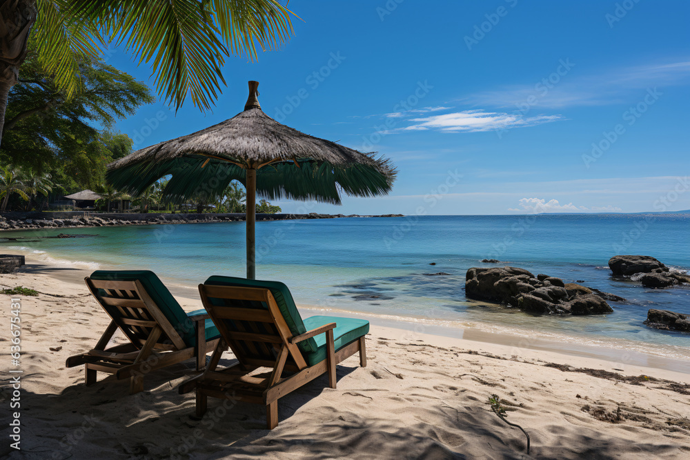Beach chairs and umbrella on a tropical beach with tourquoise sea. Beautiful beach with sunbeds and umbrellas on tropical island.