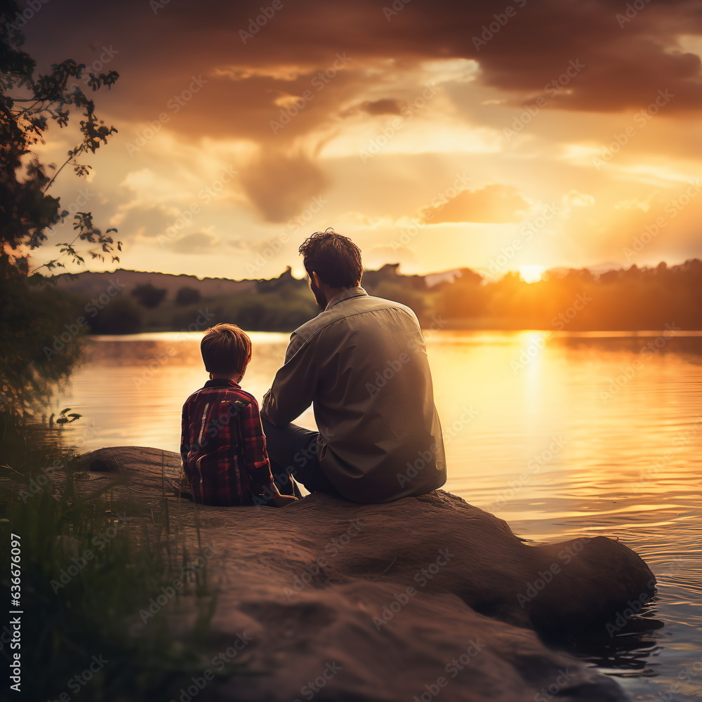 River sunset background and son and father.