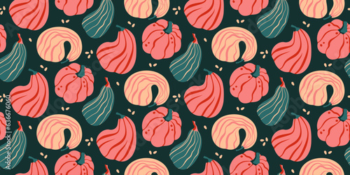 Seamless pattern with hand drawn pumpkins and seeds on dark background. Autumn, fall, thanksgiving decoration.