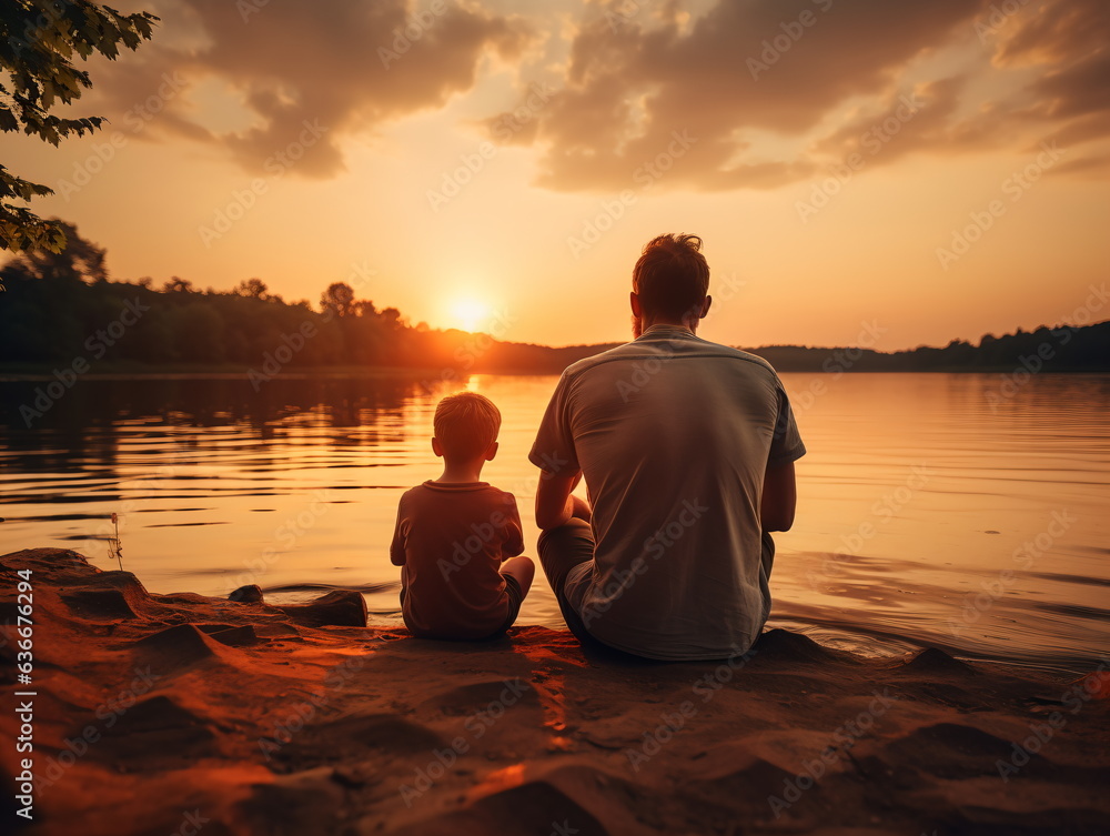 River sunset background and son and father.
