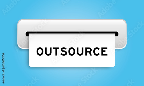 White coupon banner with word outsource from machine on blue color background
