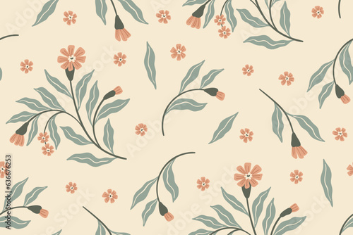 Seamless floral pattern, delicate ditsy print with hand drawn branches. Vintage botanical design, folk ornament: small flowers on branches, large leaves on a light background. Vector illustration.