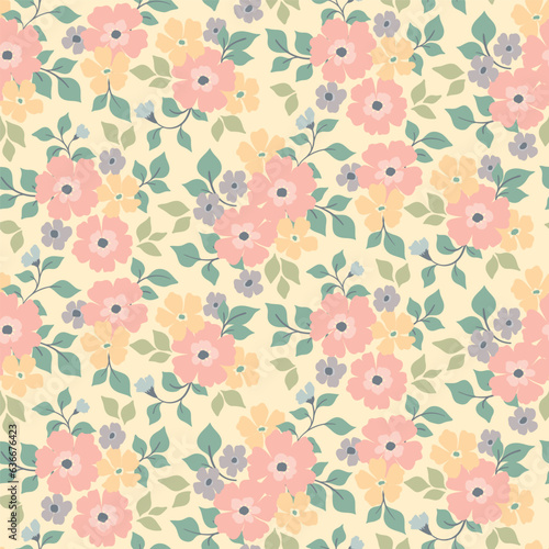 Seamless floral pattern, liberty ditsy print of pretty plants in pastel colors. Cute botanical design: small hand drawn flowers, tiny leaves, booming bouquets on light background. Vector illustration.