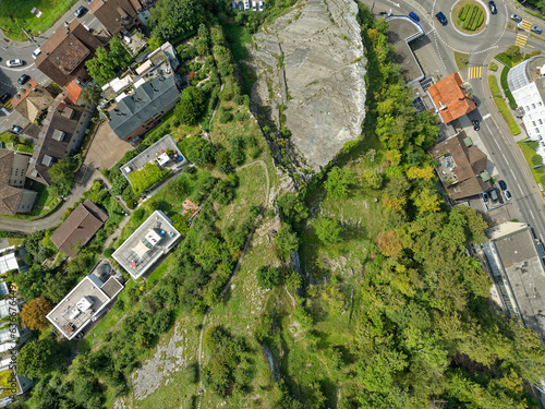 Top view of rock from Lägern mountain at Swiss City of Baden on a sunny summer noon. Photo taken August 19th, 2023, Baden, Canton Aargau, Switzerland. photo