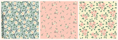 Seamless floral pattern, liberty ditsy print with cute tiny plants in the set. Pretty botanical design, background: small hand drawn flowers, leaves, branches, spring garden. Vector illustration.