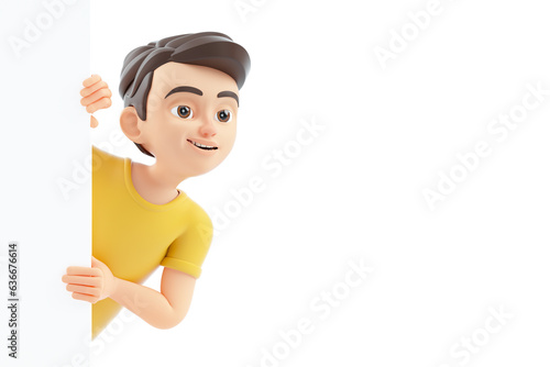 3d boy peeking out from behind wall