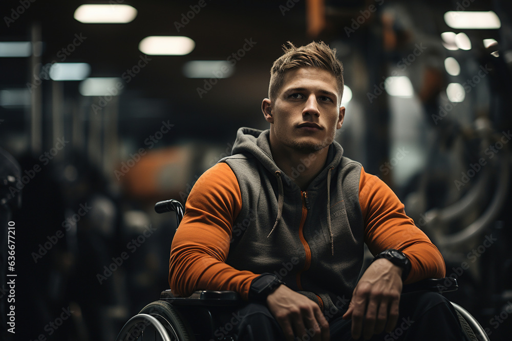 Paralympic, portrait of a strong young male athlete with a disability on a wheelchair in gym Paralympic, portrait of a strong young male athlete with a disability on a wheelchair in gym