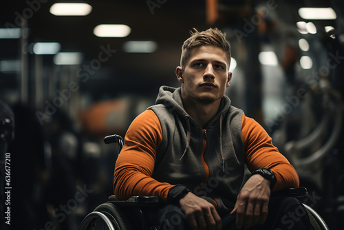 Paralympic, portrait of a strong young male athlete with a disability on a wheelchair in gym