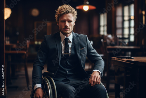 Successful stylish disabled businessman on a wheelchair in the office © Sergio