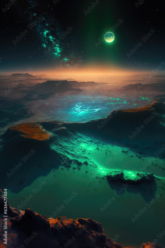 River flowing through the landscape, alien world at night