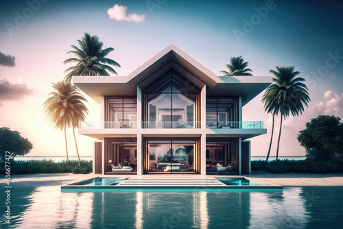 Stylish haven: luxury residence with spectacular pool, futuristic architecture exterior © DNY3D