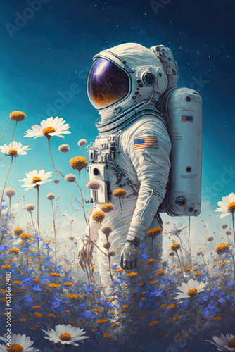 Female astronaut standing in field of flowers, toxic planet